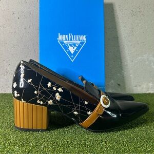 John Fluevog Gigi Floral Black Pointed Toe Patent Leather Heel Shoes Women’s 9